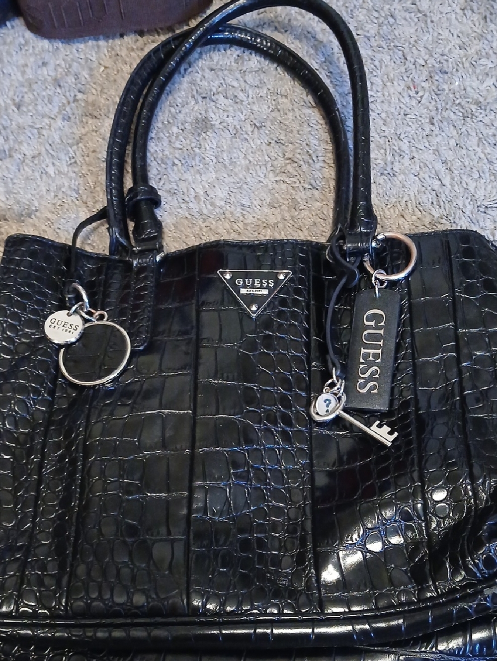 GUESS Black Croc-Embossed Patent Tote with Branded Charms